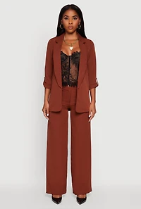 Womens Crepe Knit Open Front Tabbed Sleeves Blazer,