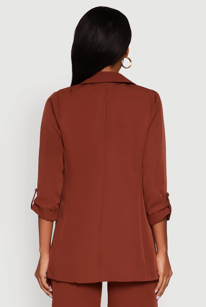 Womens Crepe Knit Open Front Tabbed Sleeves Blazer,