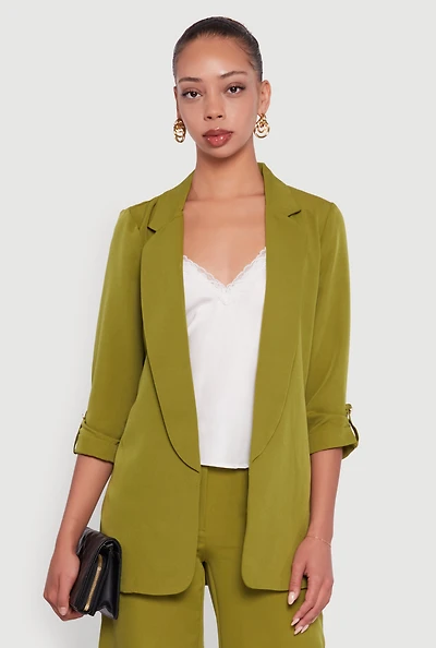 Womens Crepe Knit Open Front Tabbed Sleeves Blazer,
