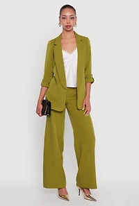 Womens Crepe Knit Open Front Tabbed Sleeves Blazer, Green, Size L