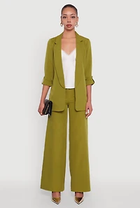 Womens Crepe Knit Open Front Tabbed Sleeves Blazer, Green, Size L