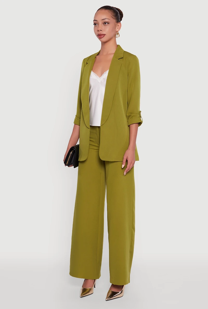 Womens Crepe Knit Open Front Tabbed Sleeves Blazer, Green, Size L