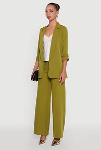 Womens Crepe Knit Open Front Tabbed Sleeves Blazer, Green, Size L