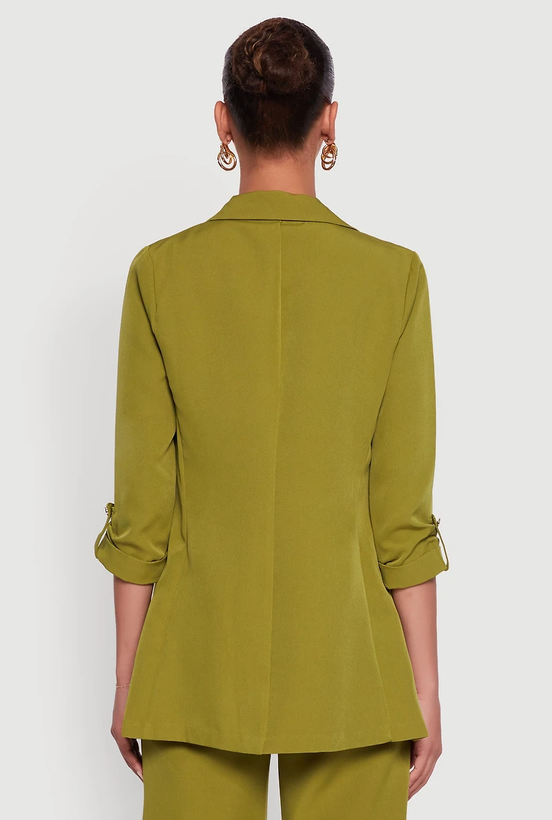 Womens Crepe Knit Open Front Tabbed Sleeves Blazer, Green, Size L