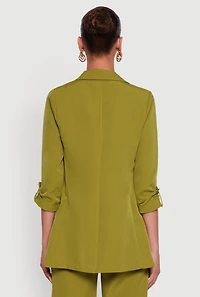 Womens Crepe Knit Open Front Tabbed Sleeves Blazer, Green, Size L