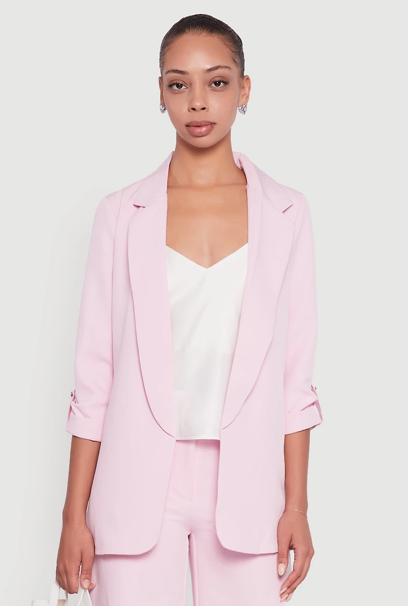 Womens Crepe Knit Open Front Tabbed Sleeves Blazer, Pink, Size L