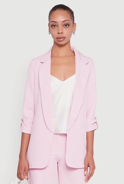 Womens Crepe Knit Open Front Tabbed Sleeves Blazer, Pink, Size L