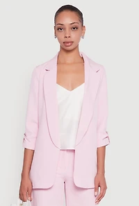 Womens Crepe Knit Open Front Tabbed Sleeves Blazer, Pink, Size L