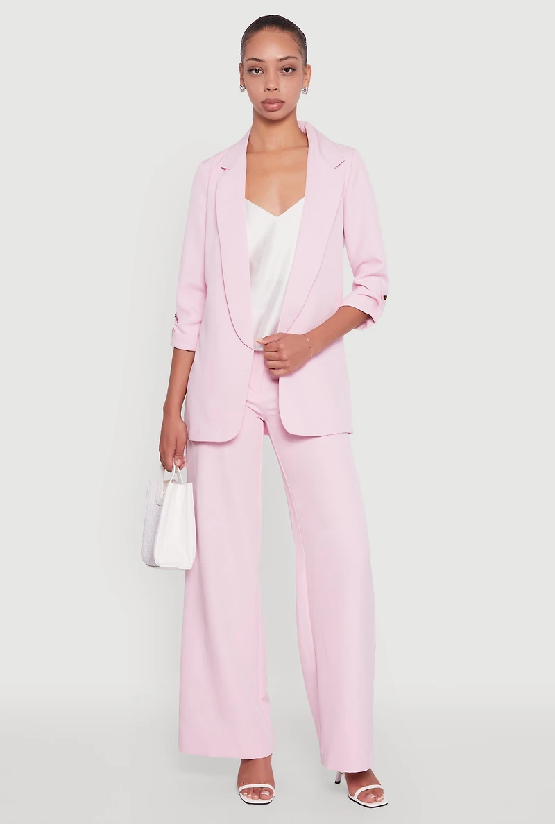 Womens Crepe Knit Open Front Tabbed Sleeves Blazer, Pink, Size L