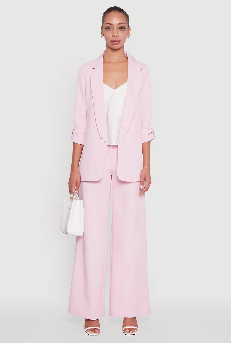 Womens Crepe Knit Open Front Tabbed Sleeves Blazer, Pink, Size L