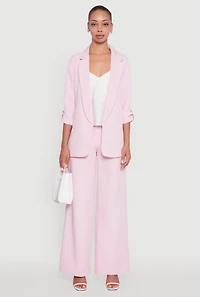 Womens Crepe Knit Open Front Tabbed Sleeves Blazer, Pink, Size L