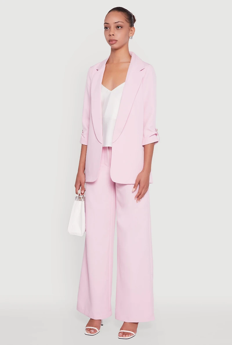 Womens Crepe Knit Open Front Tabbed Sleeves Blazer, Pink, Size L