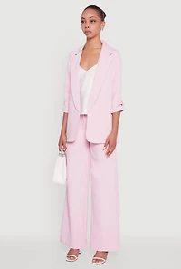 Womens Crepe Knit Open Front Tabbed Sleeves Blazer, Pink, Size L