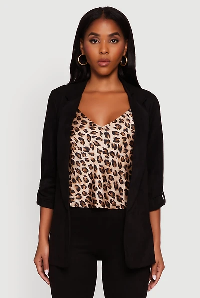 Womens Faux Suede Tabbed Sleeve Open Front Blazer, Black, Size S