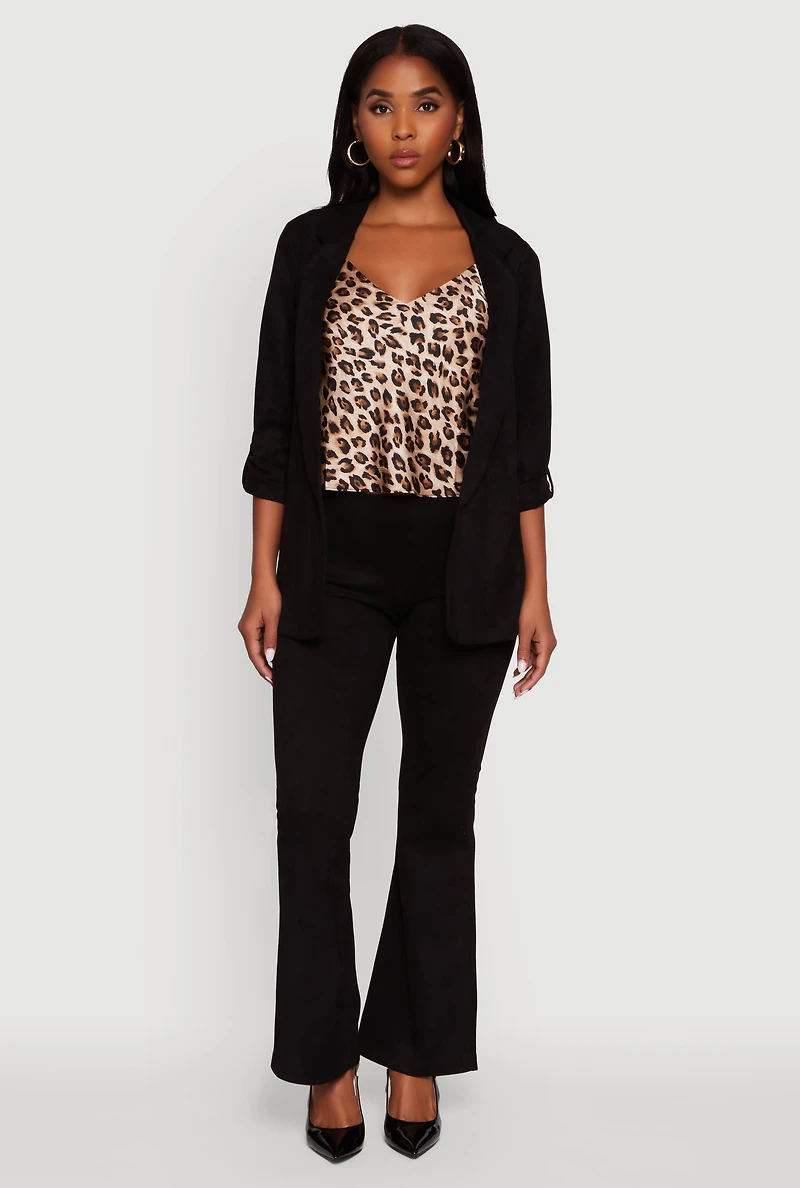 Womens Faux Suede Tabbed Sleeve Open Front Blazer, Black, Size M