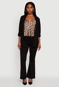 Womens Faux Suede Tabbed Sleeve Open Front Blazer, Black, Size M