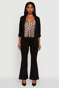 Womens Faux Suede Tabbed Sleeve Open Front Blazer, Black, Size L
