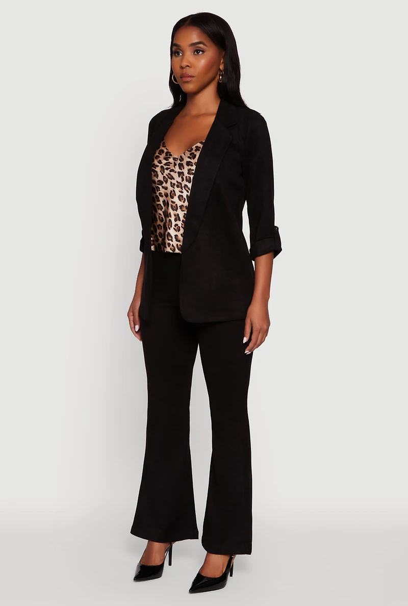 Womens Faux Suede Tabbed Sleeve Open Front Blazer, Black, Size M