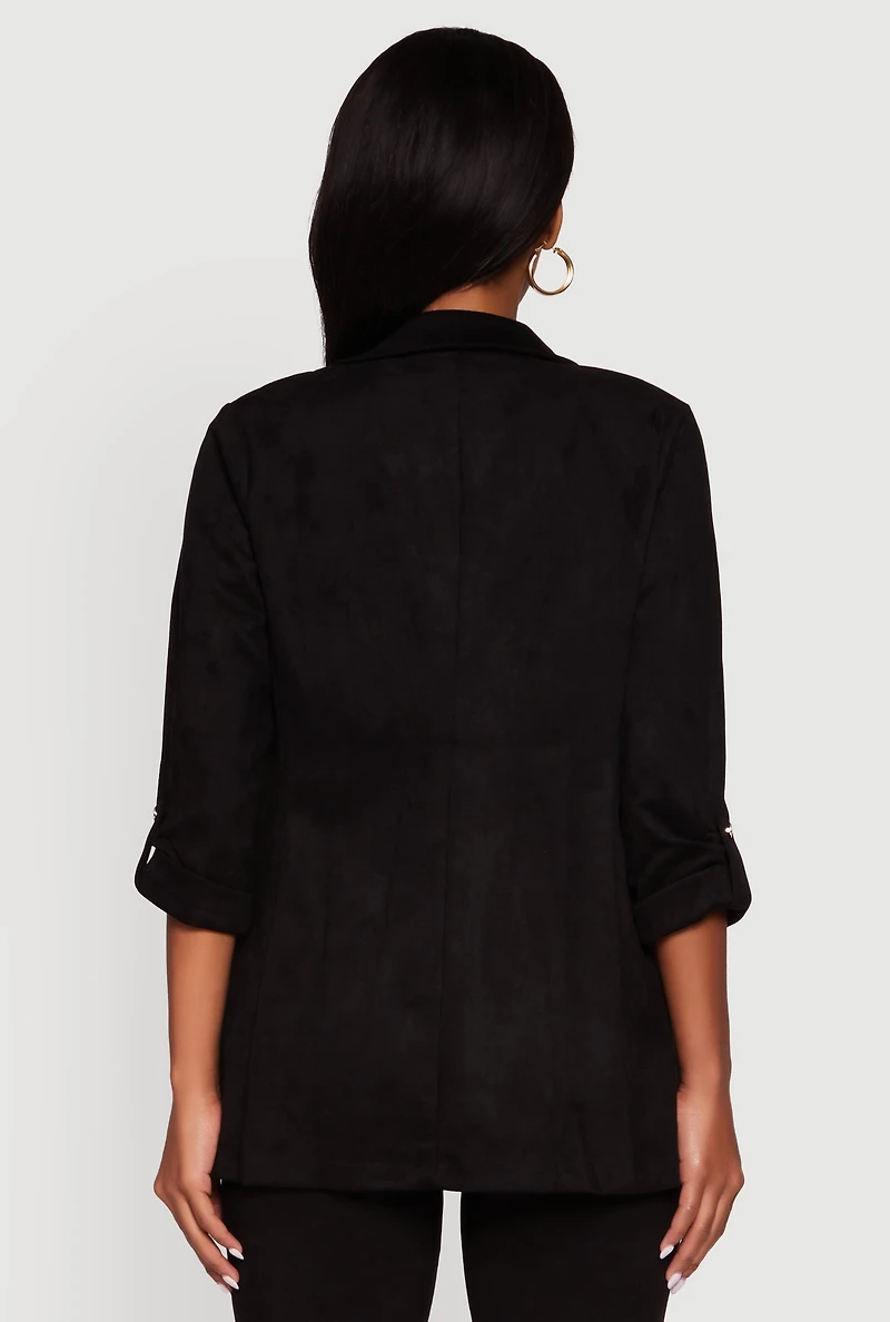 Womens Faux Suede Tabbed Sleeve Open Front Blazer, Black, Size L