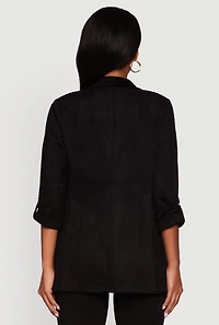 Womens Faux Suede Tabbed Sleeve Open Front Blazer, Black, Size L