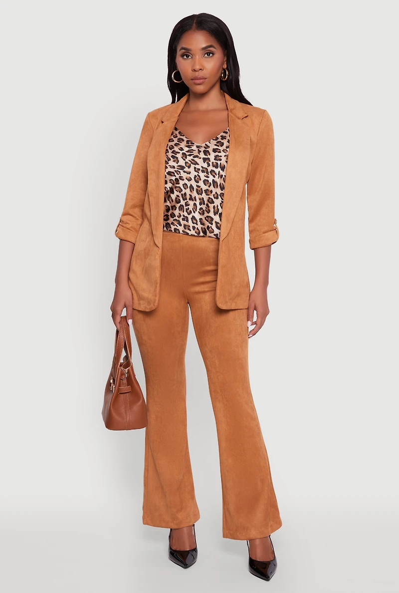Womens Faux Suede Tabbed Sleeve Open Front Blazer, Brown, Size L