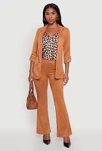 Womens Faux Suede Tabbed Sleeve Open Front Blazer, Brown, Size L