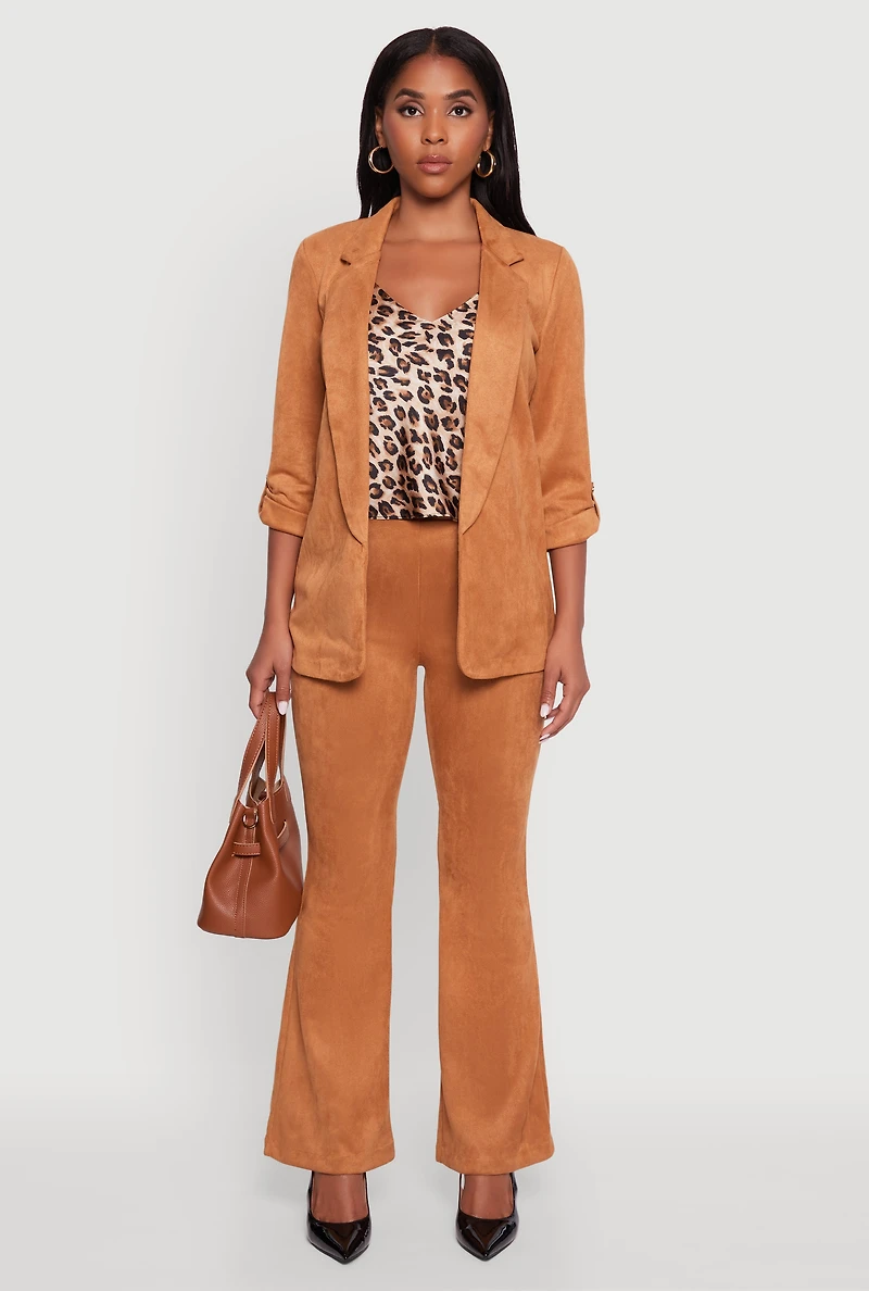 Womens Faux Suede Tabbed Sleeve Open Front Blazer, Brown, Size L