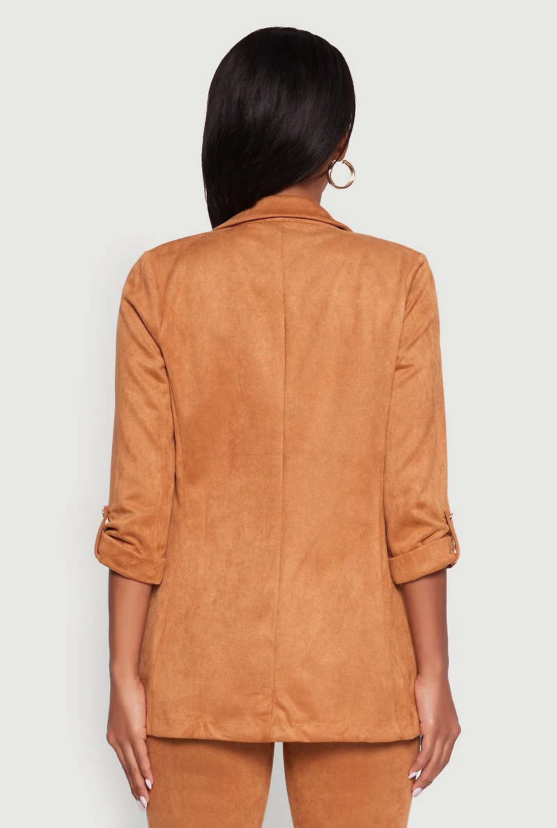 Womens Faux Suede Tabbed Sleeve Open Front Blazer, Brown, Size L