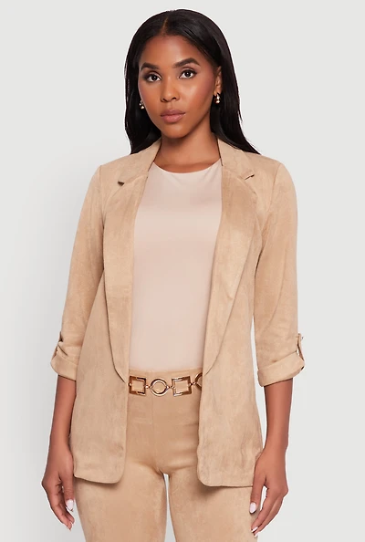 Womens Faux Suede Tabbed Sleeve Open Front Blazer, Beige,