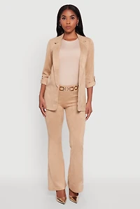 Womens Faux Suede Tabbed Sleeve Open Front Blazer, Beige, Size S
