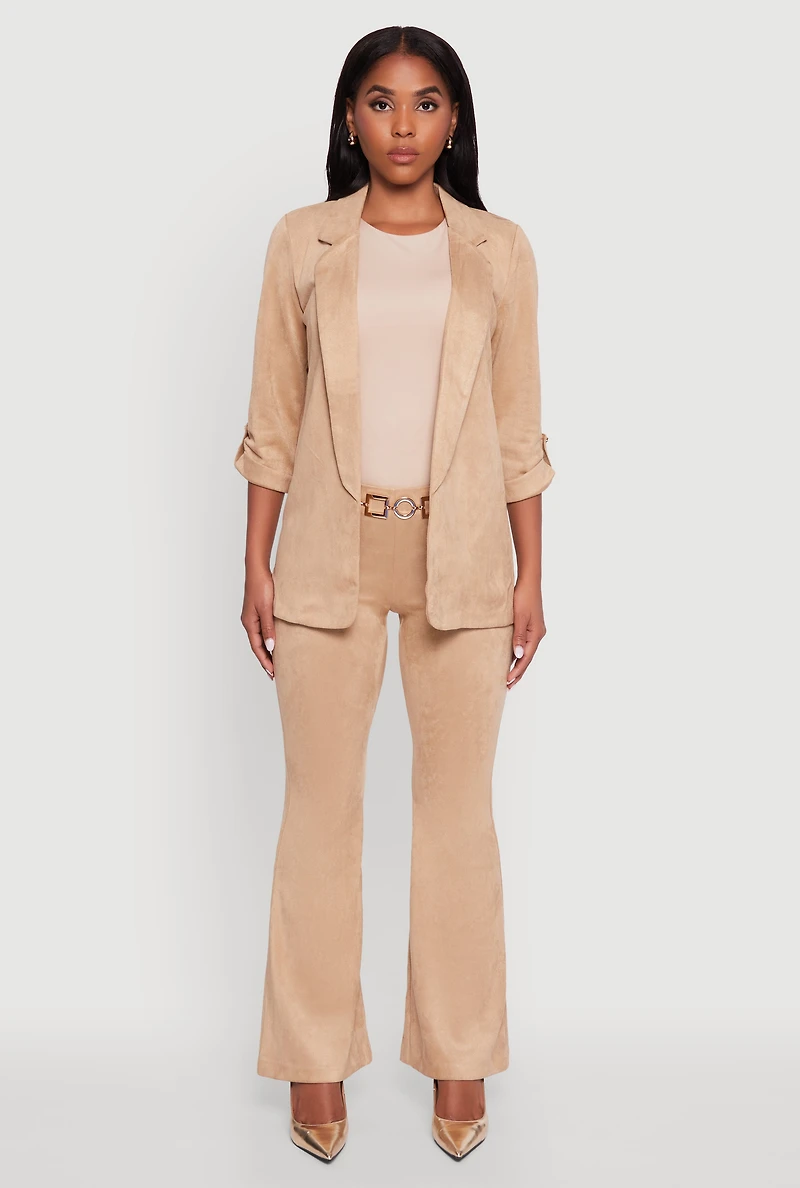Womens Faux Suede Tabbed Sleeve Open Front Blazer, Beige,