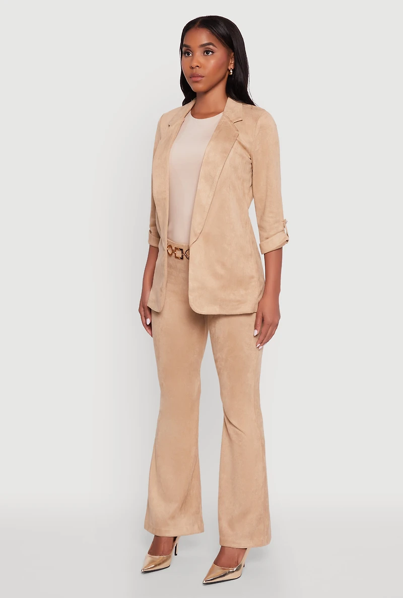 Womens Faux Suede Tabbed Sleeve Open Front Blazer, Beige,