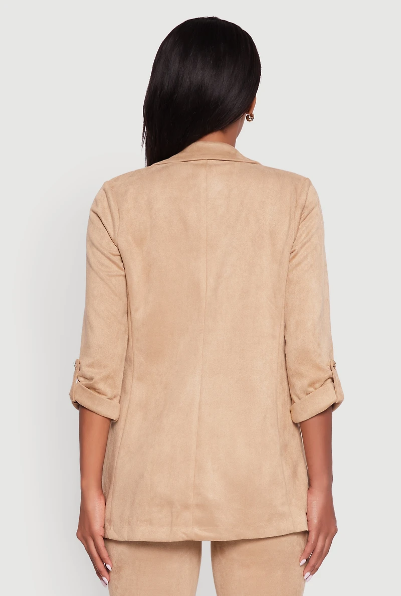 Womens Faux Suede Tabbed Sleeve Open Front Blazer, Beige,