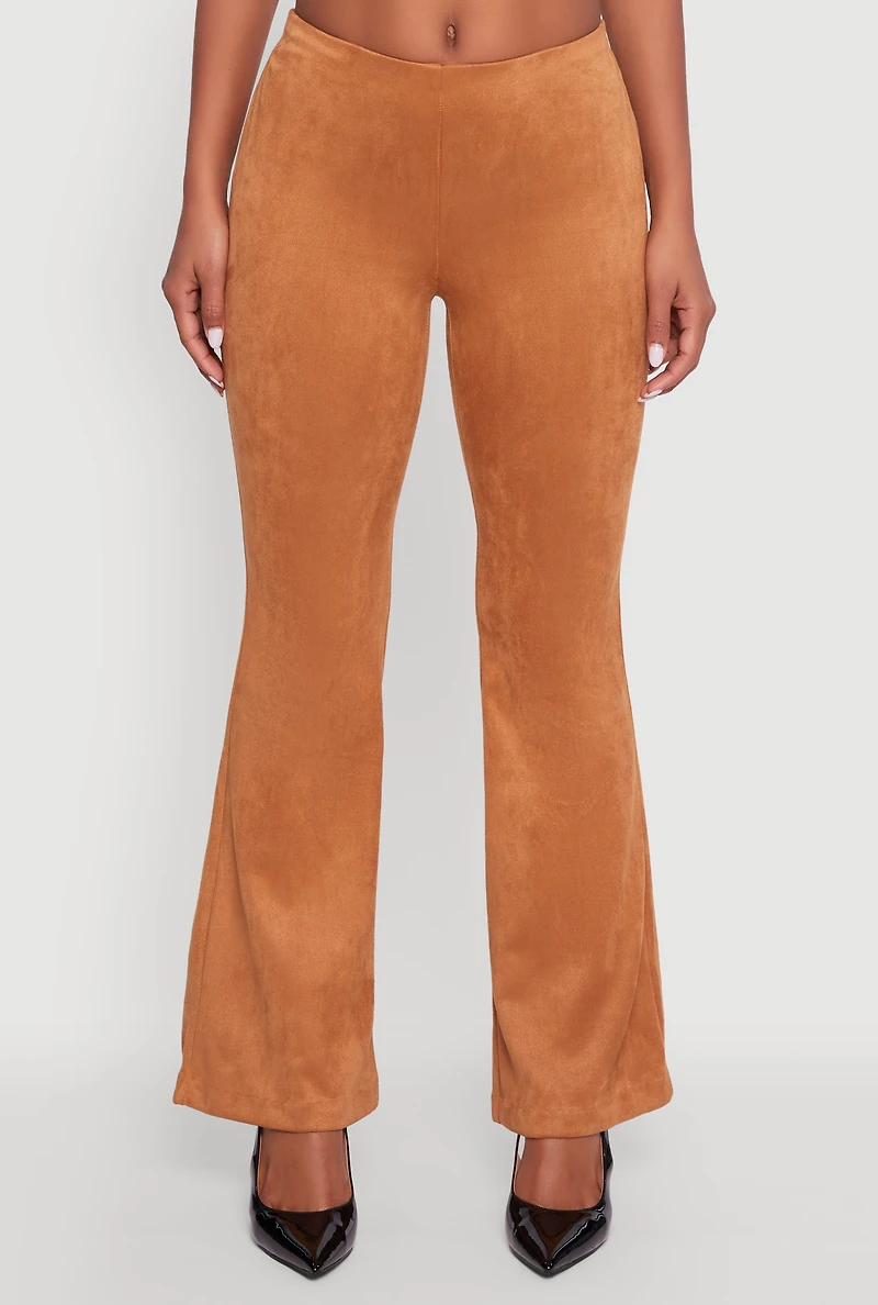 Womens Faux Suede Pull On Flare Pants, Brown, Size M