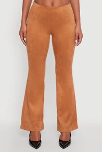 Womens Faux Suede Pull On Flare Pants, Brown, Size M