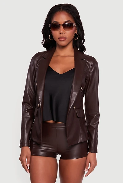 Faux Leather Fleece Lined Blazer
