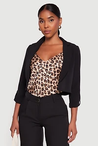 Womens Cropped Crepe Knit Tabbed Sleeve Blazer, Black, Size S
