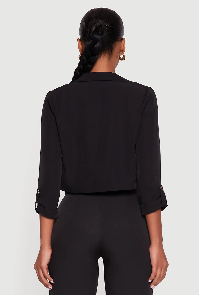 Womens Cropped Crepe Knit Tabbed Sleeve Blazer, Black, Size S