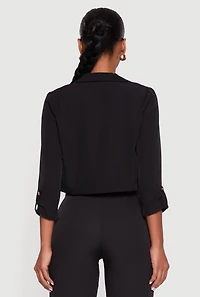Womens Cropped Crepe Knit Tabbed Sleeve Blazer, Black, Size S