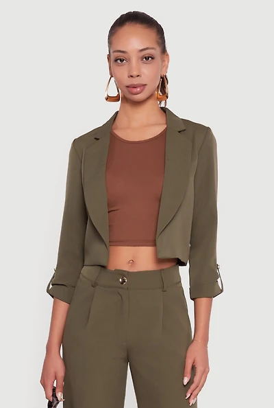 Womens Cropped Crepe Knit Tabbed Sleeve Blazer,