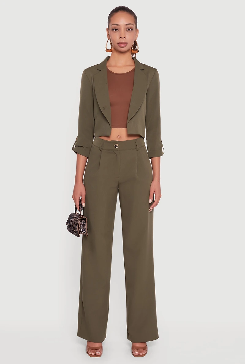 Womens Cropped Crepe Knit Tabbed Sleeve Blazer, Green, Size L