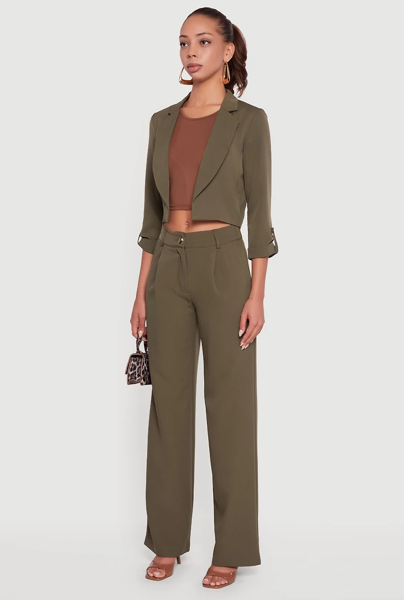 Womens Cropped Crepe Knit Tabbed Sleeve Blazer, Green, Size L