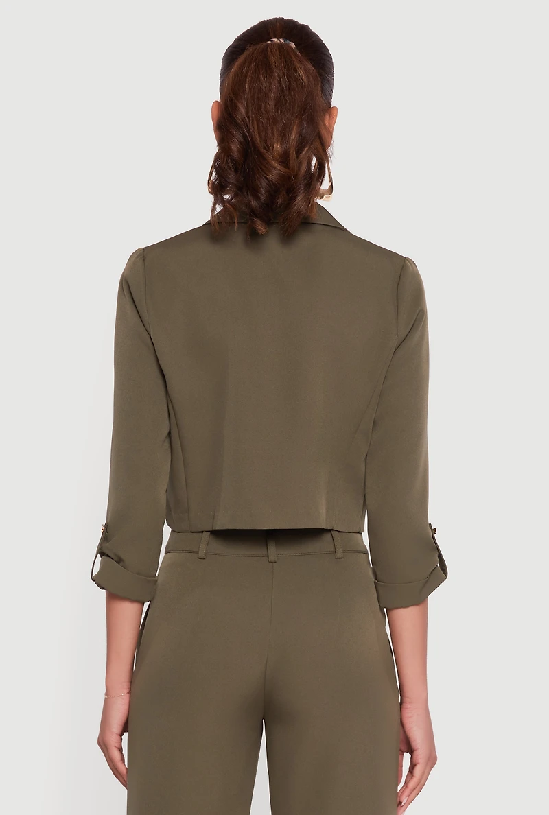 Womens Cropped Crepe Knit Tabbed Sleeve Blazer, Green, Size L
