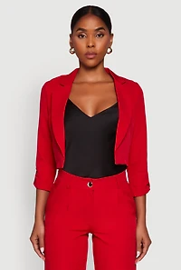 Womens Cropped Crepe Knit Tabbed Sleeve Blazer, Red, Size L