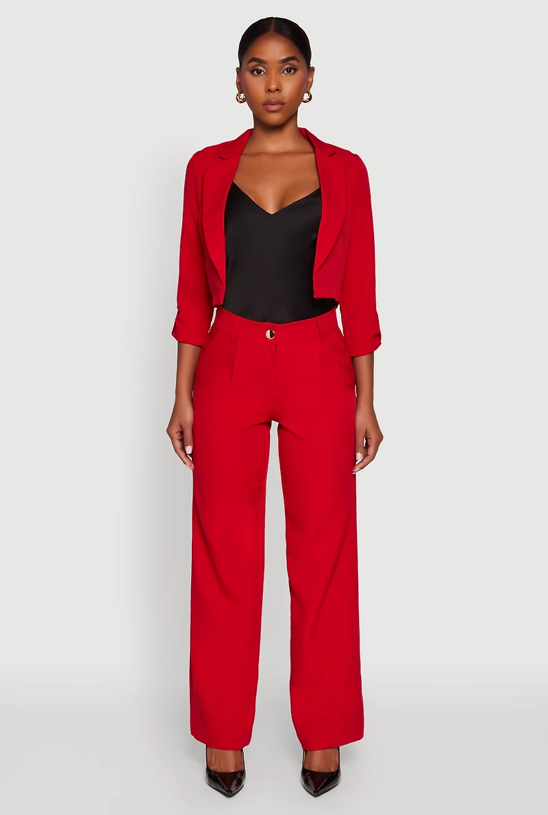 Womens Cropped Crepe Knit Tabbed Sleeve Blazer, Red, Size L