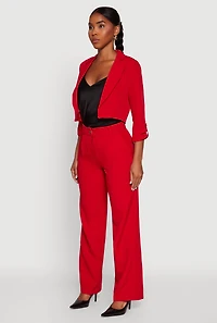 Womens Cropped Crepe Knit Tabbed Sleeve Blazer, Red, Size L