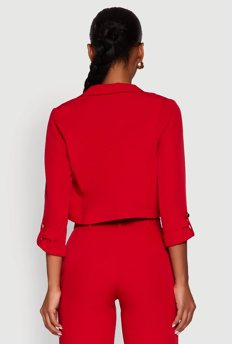 Womens Cropped Crepe Knit Tabbed Sleeve Blazer, Red, Size L
