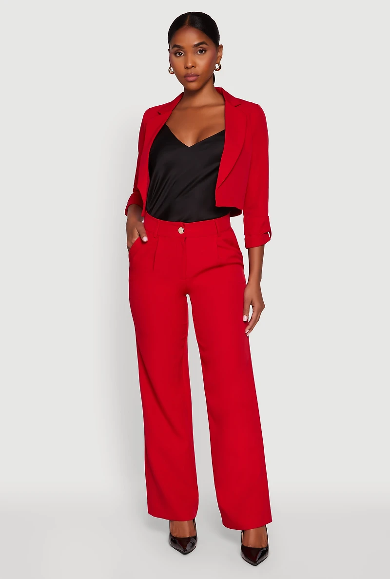 Womens Crepe Knit Pleated Wide Leg Dress Pants, Red, Size L