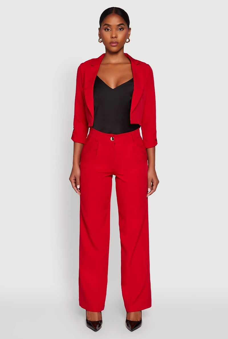 Womens Crepe Knit Pleated Wide Leg Dress Pants, Red, Size L