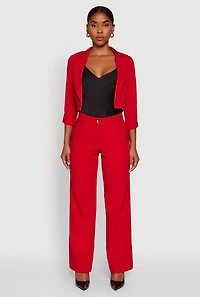 Womens Crepe Knit Pleated Wide Leg Dress Pants, Red, Size L